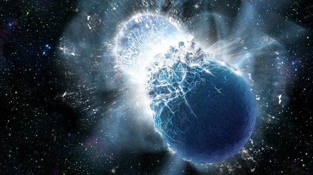 Velmi spekulativní ilustrace srážky dvou neutronových hvězd. Autora snad do... Velmi spekulativní ilustrace srážky dvou neutronových hvězd. Autora snad do...