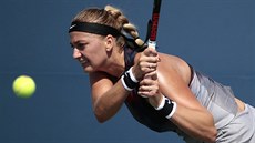 Petra Kvitová odehrává míček v prvním kole US Open. Petra Kvitová odehrává míček v prvním kole US Open.