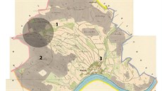 Mapa Císaského otisku Stabilního katastru z roku 1842. edý krouek naznauje...