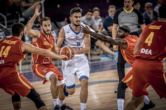 eský basketbalista Tomá Satoranský (v bílém) u míe v utkání proti erné Hoe