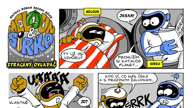 Ukázka z komiksu Meloun & Sirka, ke kterému píše Roman Bílek scénáře a kreslí jej Pavel Pata Talaš.
