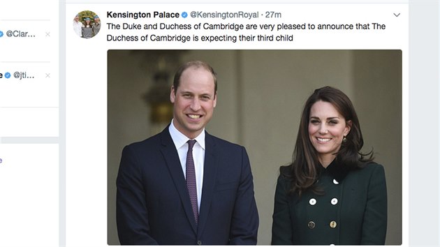 Kensingtonsk palc na socilnch stch oznmil, e princ William a vvodkyn Kate ekaj tet dt (4. z 2017).