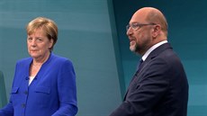 Angela Merkelová a Martin Schulz v televizní debat ped záijovými volbami...