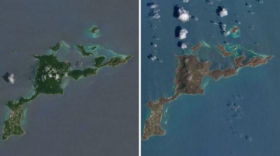 Satelitní pohled na karibský ostrov Virgin Gorda ped úderem hurikánu Irma a po...