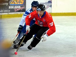 Momentka z utkn esk reprezentace v rink bandy na turnaji v Nymburce.