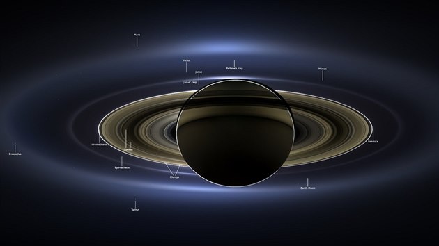 Snmek Saturnu se Sluncem v zdech sloen ze 141 fotografi pozench sondou Cassini ve chvli, kdy ob planeta chrnila jej objektivy ped tvrdou slokou slunenho zen. Snmek je ve skutench barvch. ka slabho vnjho prstence E (kter mimochodem tvo z velk sti led vyvren z msce Enceladus) na snmku je zhruba 650 tisc kilometr. Zem je popsan teka vpravo dole.