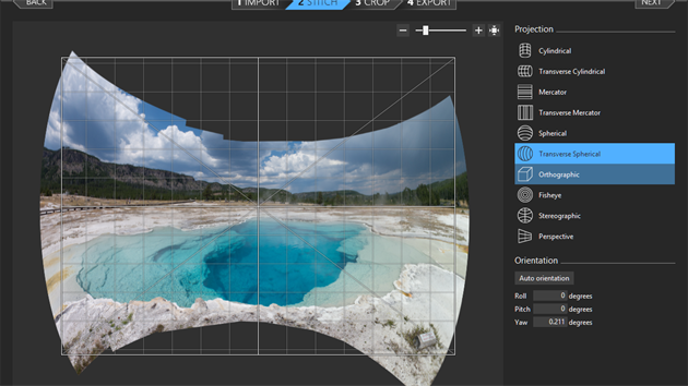 Microsoft Image Composite Editor - výbr zobrazení (projekce)