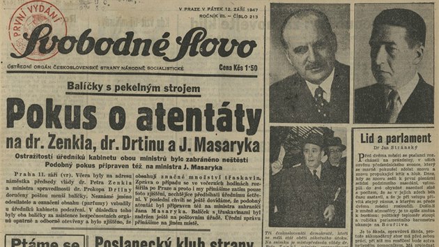 Tituln strana Svobodnho slova z 12. z 1947, kter vvodily zprvy o pokusu o atentt na ti nekomunistick ministry, pro kter se pozdji vil nzev Krmask afra.