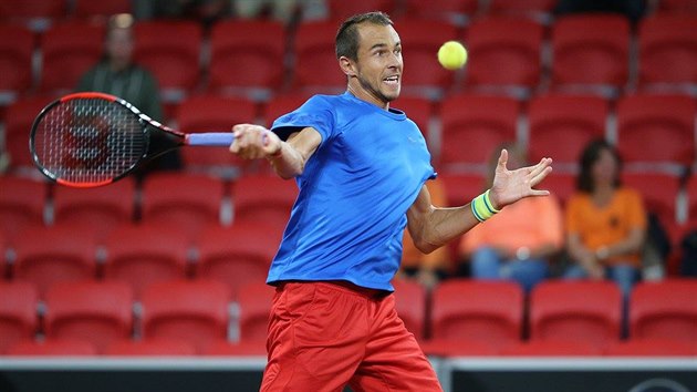 FORHEND. Luk Rosol bojuje proti Robinu Haasemu v daviscupovm barovm duelu.