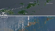 Satelitní pohled na karibské ostrovy ped úderem hurikánu Irma a poté