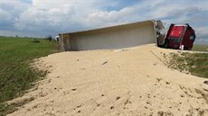 Z návěsu se při nehodě vysypal do pole síran amonný, který se používá jako... Z návěsu se při nehodě vysypal do pole síran amonný, který se používá jako...