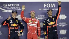 Sebastian Vettel (uprosted) slaví triumf v kvalifikaci na Velkou cenu...