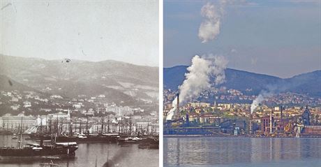 Pístav v dnes italském Terstu na historické a aktuální fotografii