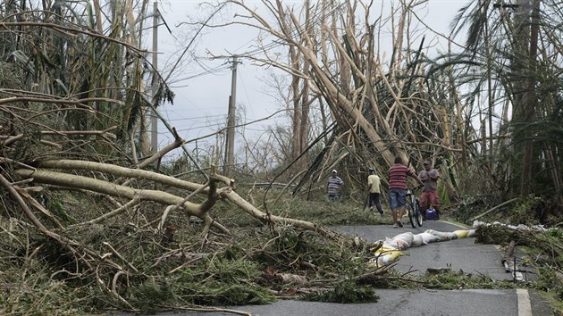Obyvatel msta Yabucoa v Portoriku odklzej ze silnice popadan stromy pot, co se tudy pehnal hurikn Maria. (21. z 2017)