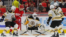 Bostonský gólman Malcolm Subban inkasuje v utkání s Detroitem, přesně pálí... Bostonský gólman Malcolm Subban inkasuje v utkání s Detroitem, přesně pálí...