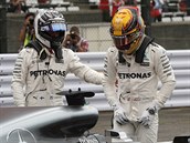 Lewis Hamilton (vpravo) ovldl kvalifikaci v Suzuce a pijm gratulaci od...