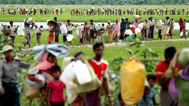 PRCHAJC ROHINGOV. Muslimt Rohingov, kte utekli z Barmy ped pronsledovnm ad, smuj do uprchlickho tbora v Bangladi.