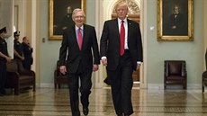 Mitch McConnell a Donald Trump pichází na obd se senátory. (25. íjna 2017)