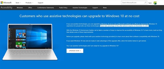Poslední monost upgradu na Windows 10 zdarma koní 31. prosince 2017