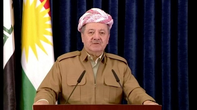 Fotka z videa ukazujc kurdskho prezidenta Masda Barznho pi televiznm proslovu v Irblu. (29. jna 2017)