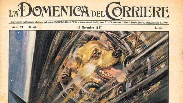 Lajka na obn drze na tituln stran italskch novin La Domenica del Corriere (17. listopadu 1957)