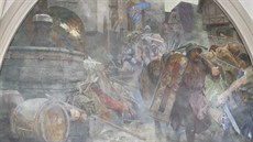 Nástěnná malba zachycující rozprášení husitů v okupované Litovli 2. listopadu... Nástěnná malba zachycující rozprášení husitů v okupované Litovli 2. listopadu...