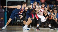 Jorgos Printezis (vpravo) z Olympiakosu se tlačí ke koši Barcelony přes Anteho... Jorgos Printezis (vpravo) z Olympiakosu se tlačí ke koši Barcelony přes Anteho...