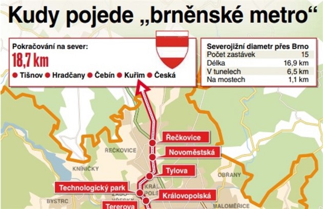 Infografika znázorující, kudy pojede brnnské metro.