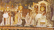Svatí Cyril a Metodj pináejí tlo svatého Klimenta do íma. Freska z 11....