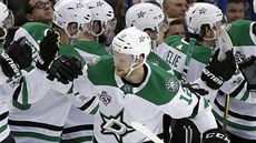 Útočník Dallasu Radek Faksa slaví se spoluhráči svou trefu. Útočník Dallasu Radek Faksa slaví se spoluhráči svou trefu.