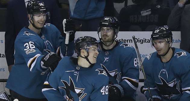 Tomáš Hertl (v popředí) ze San Jose se raduje se spoluhráči ze střídačky z gólu... Tomáš Hertl (v popředí) ze San Jose se raduje se spoluhráči ze střídačky z gólu...