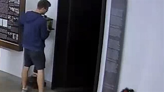 Michal Sedlmajer při krádeži kasičky v Národním památníku hrdinů heydrichiády (15. 7. 2017)