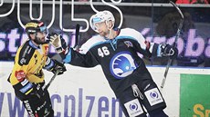 Plzeňský Jakub Kindl slaví gól v síti Litvínova. Plzeňský Jakub Kindl slaví gól v síti Litvínova.