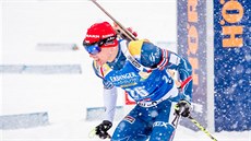 Český biatlonista Michal Krčmář těsně po startu stíhacího závodu v Hochfilzenu. Český biatlonista Michal Krčmář těsně po startu stíhacího závodu v Hochfilzenu.