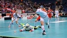 Brankářka českého týmu Jana Christianová zasahuje proti pokusu švýcarské... Brankářka českého týmu Jana Christianová zasahuje proti pokusu švýcarské...