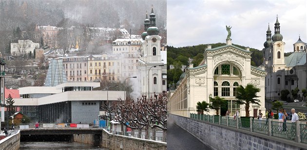 Vlevo pohled na elezobetonový objekt souasné Vídelní kolonády z roku 1975,...