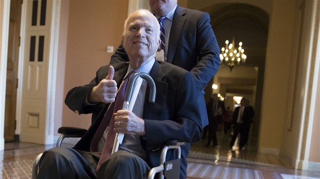 John McCain na fotografii z 1. prosince 2017. I pes pokroil stadium rakoviny se stle astnil politickho dn.