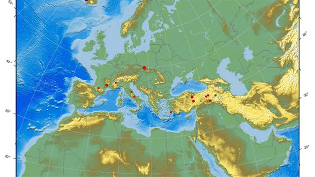 Seismick aktivita v Evrop a oblasti Stedozem v poslednch 24 hodinch.