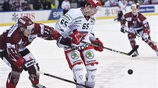 Rudolf Červený z Hradce Králové zpracovává puk ve čtvrtfinále Spengler Cupu... Rudolf Červený z Hradce Králové zpracovává puk ve čtvrtfinále Spengler Cupu...