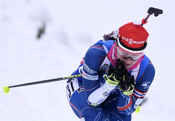 Veronika Vítková ve sprintu v Oberhofu, kde vybojovala tetí místo.