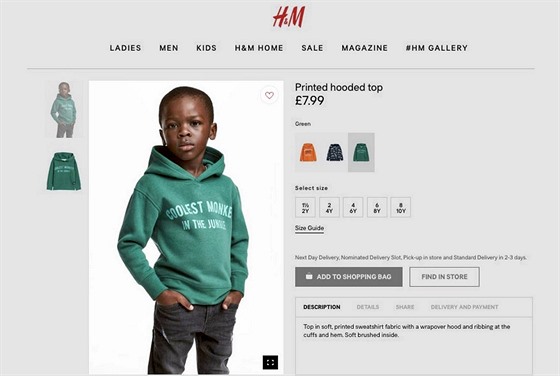 Spolenost H&M se omluvila za obrázek, kde má na sob dít tmavé pleti mikinu s...