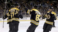 Patrice Bergeron z Bostonu (druhý zleva) přijímá gratulace ke gólu proti... Patrice Bergeron z Bostonu (druhý zleva) přijímá gratulace ke gólu proti...