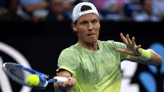 BOJ. Tom Berdych v prvnm kole Australian Open.