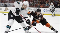 Tomáš Hertl (vlevo) ze San Jose v souboji s Brandonem Montourem z Anaheimu. Tomáš Hertl (vlevo) ze San Jose v souboji s Brandonem Montourem z Anaheimu.