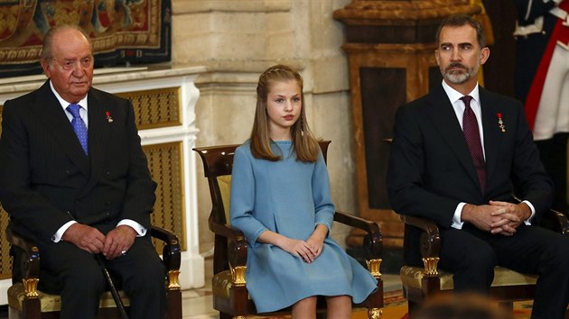 Bval panlsk krl Juan Carlos I., korunn princezna Leonor a krl Felipe VI. (Madrid, 30. ledna 2018)