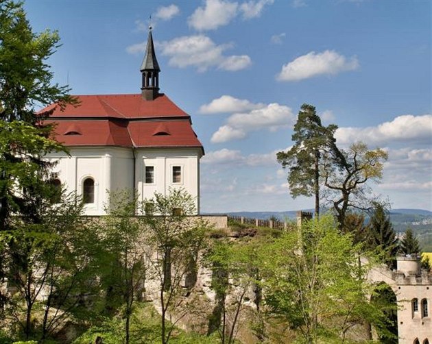 Borovice nií skalní blok, na nm stojí hrad Valdtejn.