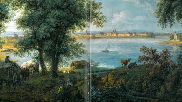 Pohled na rybnk Svt, Tebo a kostel sv. Jilj. Autorem obrazu z roku 1804 je Ferdinand Runk.