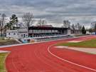 Tribuna atletickho stadionu na Sokolskm ostrov v eskch Budjovicch...