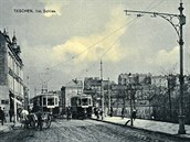Pohled na výhybnu tramvají před Hlavním mostem. Pohlednice pochází z roku 1911.... Pohled na výhybnu tramvají před Hlavním mostem. Pohlednice pochází z roku 1911....