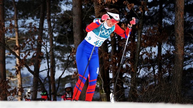 esk bkyn Kateina Beroukov v kvalifikanm sprintu v olympijskm stedisku Alpensia. (13. nora 2018)